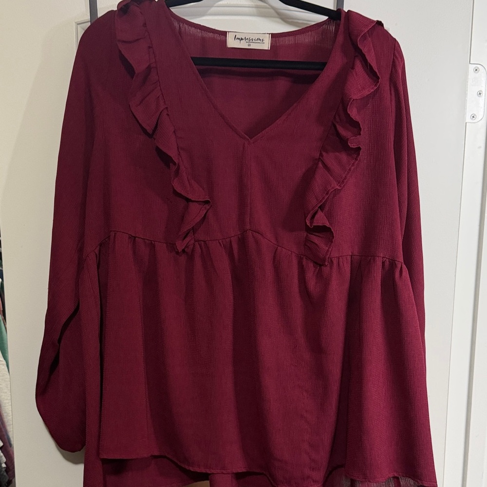 Impressions Deep Red Ruffle Blouse